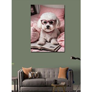 Kanvas Tablo Kitap Okuyan Beyaz Köpek