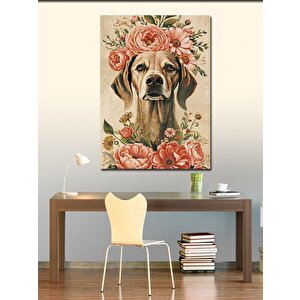 Kanvas Tablo Pembe Çiçekler Ve Köpek 70x100 cm