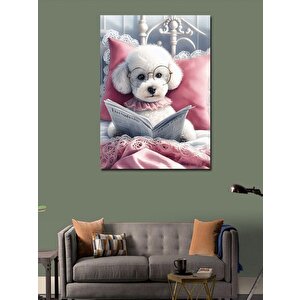 Kanvas Tablo Gazete Okuyan Beyaz Köpek 100x140 cm