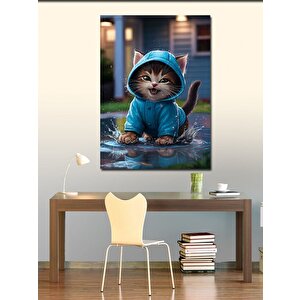 Kanvas Tablo Mavi Yağmurluklu Kedi 100x140 cm