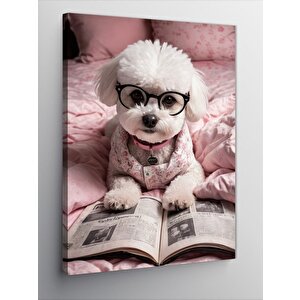 Kanvas Tablo Gazete Okuyan Gözlüklü Köpek 70x100 cm