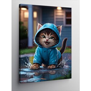 Kanvas Tablo Mavi Yağmurluklu Kedi