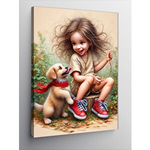 Kanvas Tablo Yavru Köpek Ve Kız Çocuğu