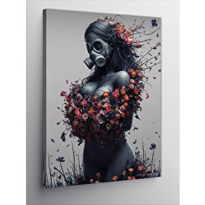 Kanvas Tablo Gaz Maskeli Kadın Ve Çiçekler 70x100 cm