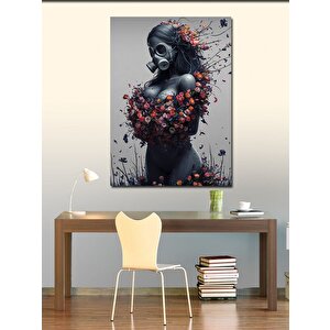 Kanvas Tablo Gaz Maskeli Kadın Ve Çiçekler 70x100 cm