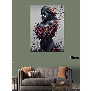 Kanvas Tablo Gaz Maskeli Kadın Ve Çiçekler 70x100 cm