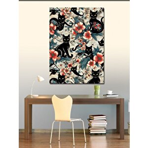 Kanvas Tablo Siyah Kediler Ve Çiçek 70x100 cm