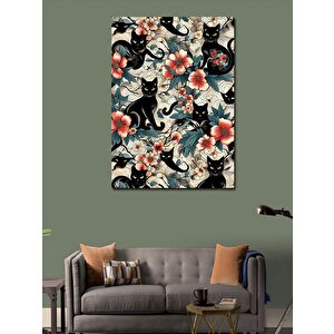 Kanvas Tablo Siyah Kediler Ve Çiçek 70x100 cm