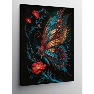 Kanvas Tablo Kırmızı Çiçekler Ve Kelebek 100x140 cm