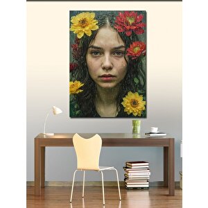 Kanvas Tablo Kırmızı Sarı Çiçekler Ve Kadın 70x100 cm