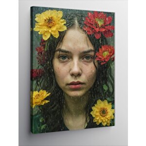 Kanvas Tablo Kırmızı Sarı Çiçekler Ve Kadın 100x140 cm