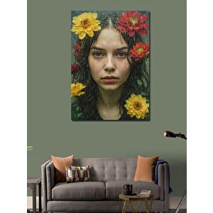 Kanvas Tablo Kırmızı Sarı Çiçekler Ve Kadın 100x140 cm