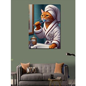 Kanvas Tablo Dişlerini Fırçalayan Sarı Kedi 70x100 cm