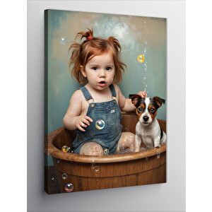 Kanvas Tablo Yavru Köpek Ve Kız Çocuğu 100x140 cm