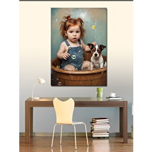 Kanvas Tablo Yavru Köpek Ve Kız Çocuğu 100x140 cm