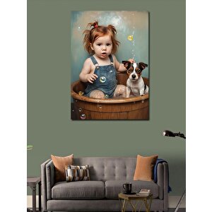 Kanvas Tablo Yavru Köpek Ve Kız Çocuğu 100x140 cm