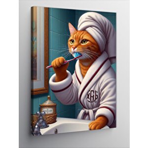 Kanvas Tablo Dişlerini Fırçalayan Sarı Kedi