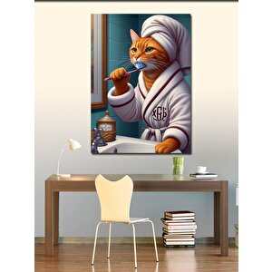 Kanvas Tablo Dişlerini Fırçalayan Sarı Kedi