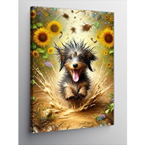 Kanvas Tablo Sarı Çiçekler Ve Koşan Köpek
