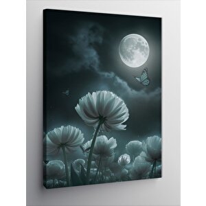 Kanvas Tablo Beyaz Çiçekler Ve Dolunay 70x100 cm