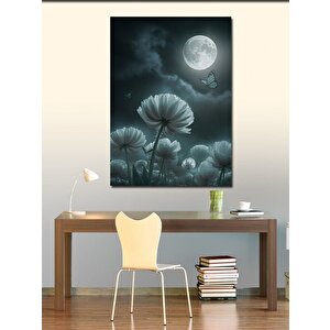 Kanvas Tablo Beyaz Çiçekler Ve Dolunay 70x100 cm