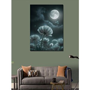Kanvas Tablo Beyaz Çiçekler Ve Dolunay 70x100 cm
