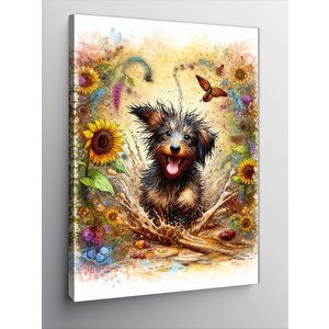 Kanvas Tablo Ayçiçekleri Ve Koşan Köpek