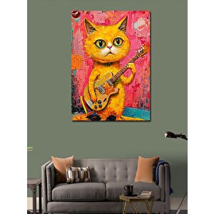 Kanvas Tablo Elektro Gitar Çalan Sarı Kedi