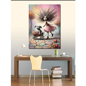 Kanvas Tablo Pembe Elbiseli Kız Ve Köpek 70x100 cm