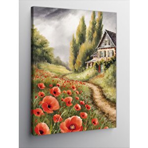 Kanvas Tablo Kır Evi Ve Gelincik Çiçekleri 100x140 cm