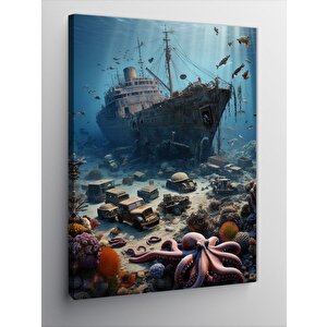 Kanvas Tablo Batık Gemi Ve Deniz Canlıları 70x100 cm