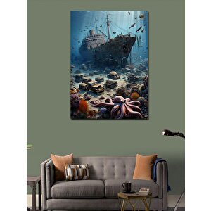 Kanvas Tablo Batık Gemi Ve Deniz Canlıları 70x100 cm
