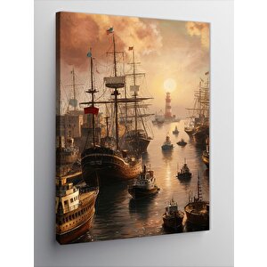 Kanvas Tablo İskeledeki Gemiler Ve Deniz Feneri 100x140 cm