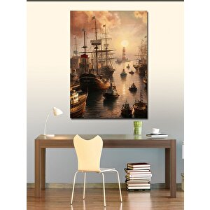 Kanvas Tablo İskeledeki Gemiler Ve Deniz Feneri 100x140 cm