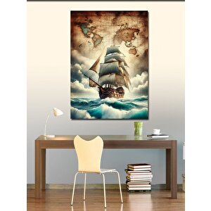 Kanvas Tablo Yelkenli Gemi Ve Dünya Haritası 70x100 cm
