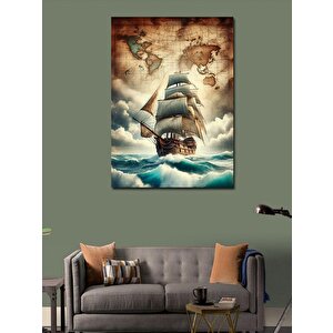 Kanvas Tablo Yelkenli Gemi Ve Dünya Haritası 70x100 cm