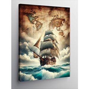 Kanvas Tablo Yelkenli Gemi Ve Dünya Haritası 100x140 cm