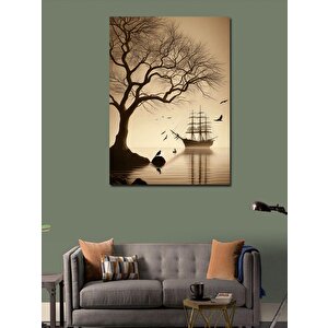 Kanvas Tablo Göldeki Ağaç Ve Gemi 100x140 cm