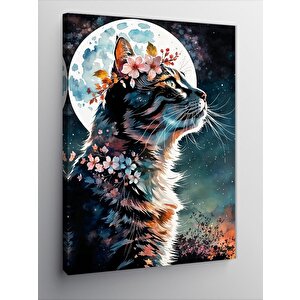 Kanvas Tablo Çiçek Şapkalı Kedi Ve Dolunay 70x100 cm