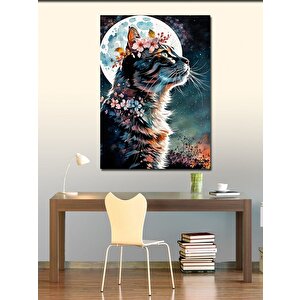Kanvas Tablo Çiçek Şapkalı Kedi Ve Dolunay 70x100 cm