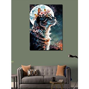 Kanvas Tablo Çiçek Şapkalı Kedi Ve Dolunay 70x100 cm