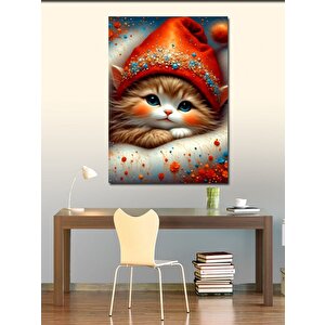 Kanvas Tablo Kırmızı Şapkalı Sevimli Kedi 70x100 cm