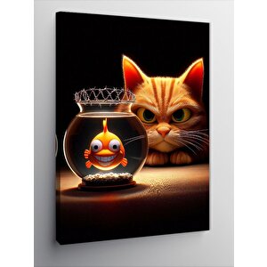 Kanvas Tablo Sinirli Kedi Ve Dikenli Fanus İçindeki Balık