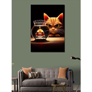 Kanvas Tablo Sinirli Kedi Ve Dikenli Fanus İçindeki Balık