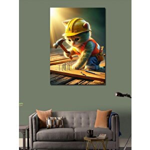 Kanvas Tablo Çivi Çakan İnşaatçı Kedi 70x100 cm