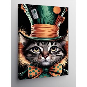 Kanvas Tablo Şapkalı Papyonlu Kedi 100x140 cm