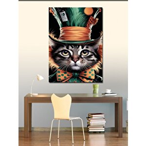 Kanvas Tablo Şapkalı Papyonlu Kedi 100x140 cm