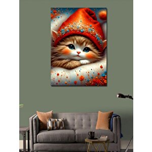 Kanvas Tablo Kırmızı Şapkalı Sevimli Kedi 100x140 cm