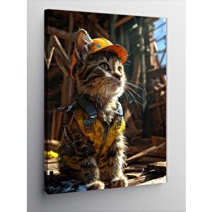 Kanvas Tablo Sarı Baret Takan Yorgun İnşaatçı Kedi 70x100 cm