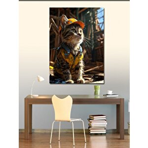 Kanvas Tablo Sarı Baret Takan Yorgun İnşaatçı Kedi 70x100 cm